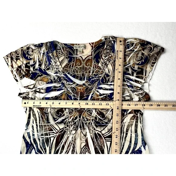 Live and Let Live Boho Beaded V-Neck Scroll Print Dress Women's Size L - Picture 10 of 10